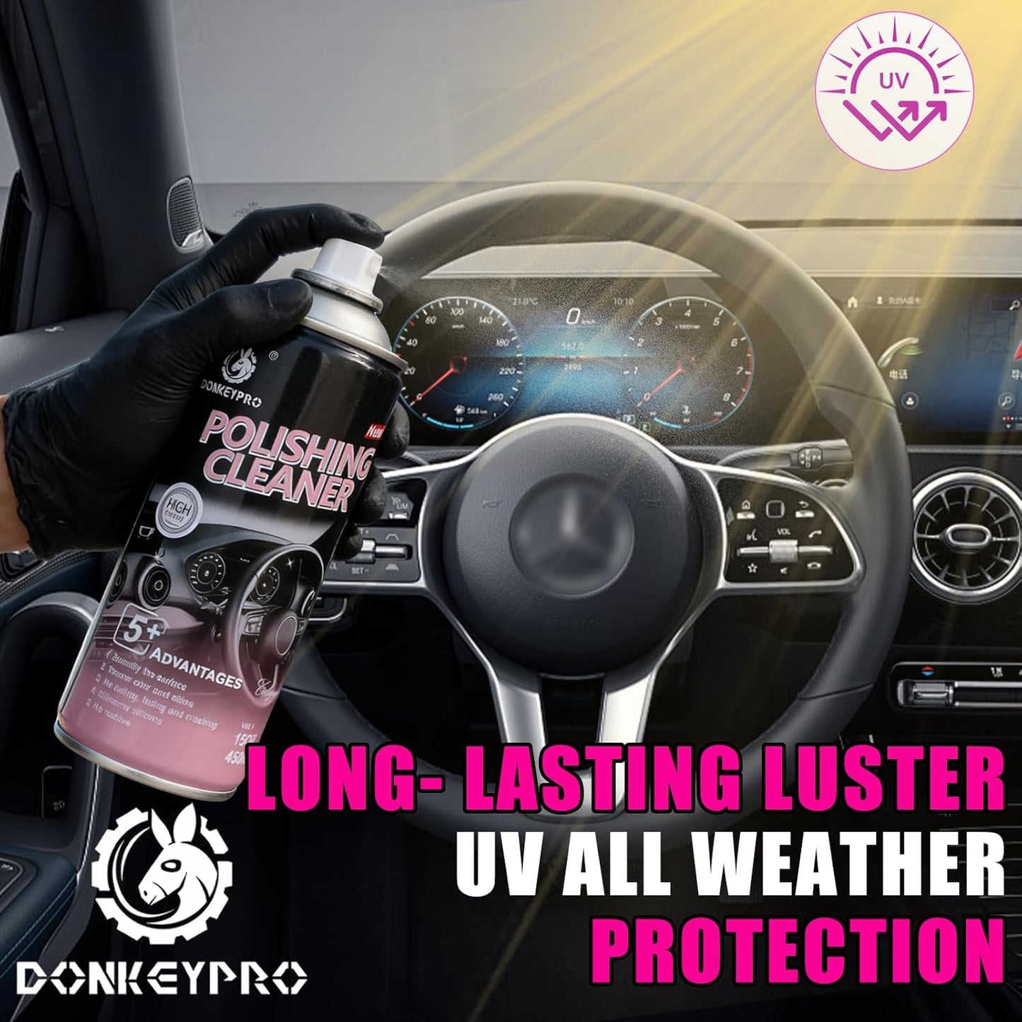 DONKEYPRO Car Interior Cleaner, Polishing Cleaner Detailer Spray for Vehicle Detailing, 450ml Aerosol 15 fl oz with Iron Can (2-Pack)