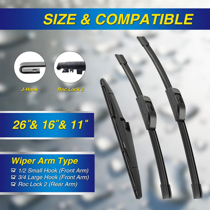 5 PLUS® Silicone Windshield Wipers Replacement for 2019-2024 Toyota RAV4/ 2006-2015 Mazda 5 Wiper Blades(Set of 3), Windshield Wiper Blades For My Car-26"/16"/12" - Colors B