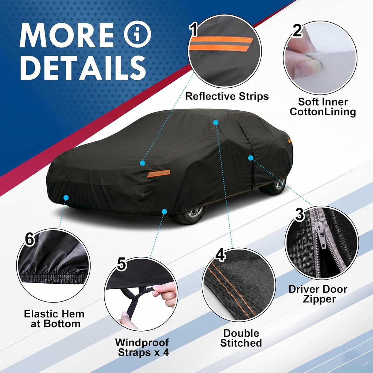 6 Layer Heavy Duty Car Cover Waterproof All Weather Protection with Cotton Liner, Full Exterior Outdoor Cover for Sun Rain Snow UV Protection, Fits Sedan 186-193 inchs