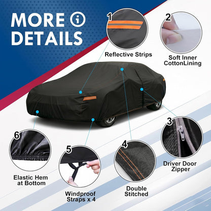 6 Layer Heavy Duty Car Cover Waterproof All Weather Protection with Cotton Liner, Full Exterior Outdoor Cover for Sun Rain Snow UV Protection, Fits Sedan 186-193 inchs