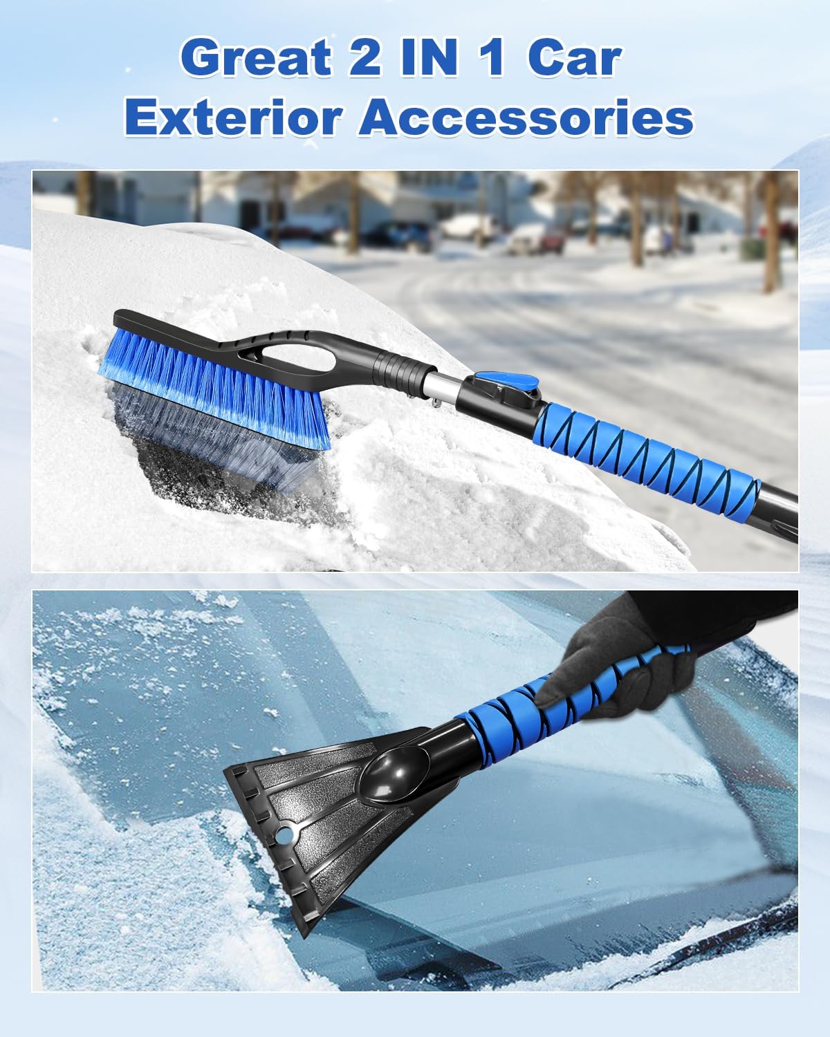 33'' Snow Brush and Ice Scraper for Car Windshield, Aluminum Extendable Snow Removal Tool for Car Window with Foam Grip, Soft Broom Head for Car SUV Vehicle Winter Accessories