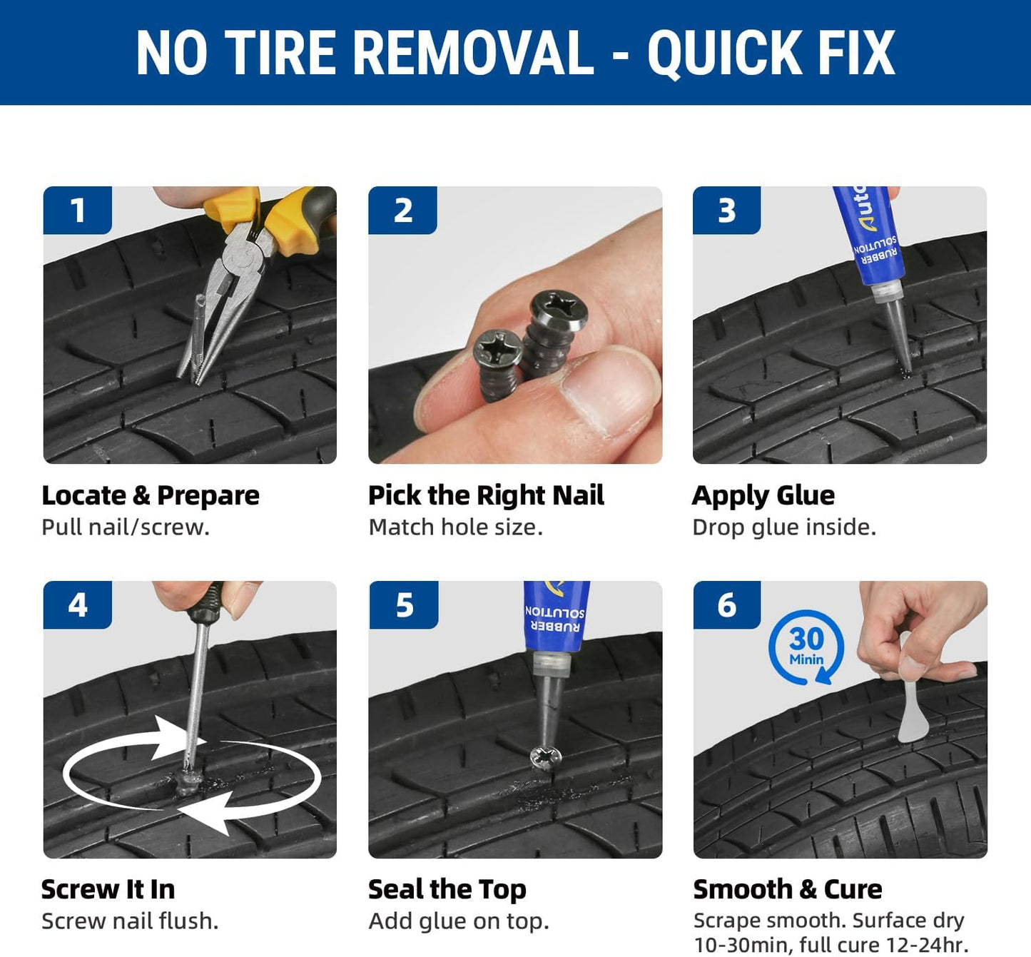 AUTOWN 21PCS Tire Repair Rubber Nail Kit - Complete Screw Plug Kit with Glue, Fast Fix for Flat Tires on Car, Truck, Motorcycle, SUV & More