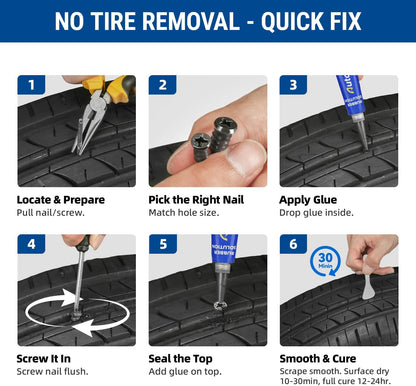 AUTOWN 21PCS Tire Repair Rubber Nail Kit - Complete Screw Plug Kit with Glue, Fast Fix for Flat Tires on Car, Truck, Motorcycle, SUV & More