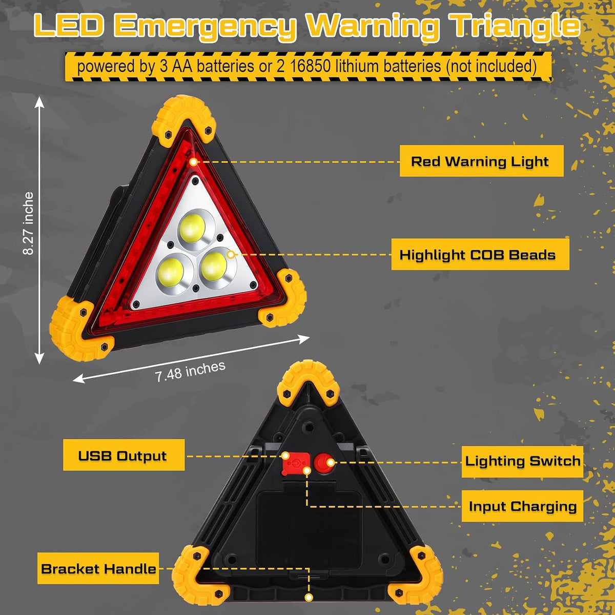 Huquary LED Emergency Warning Triangle, Rechargeable Portable Flashing LED Warning Triangle Light with 4 Modes, Safety Hazard Light for Car Truck RV Vehicle Roadside, Batteries Not Included(3 Pack)