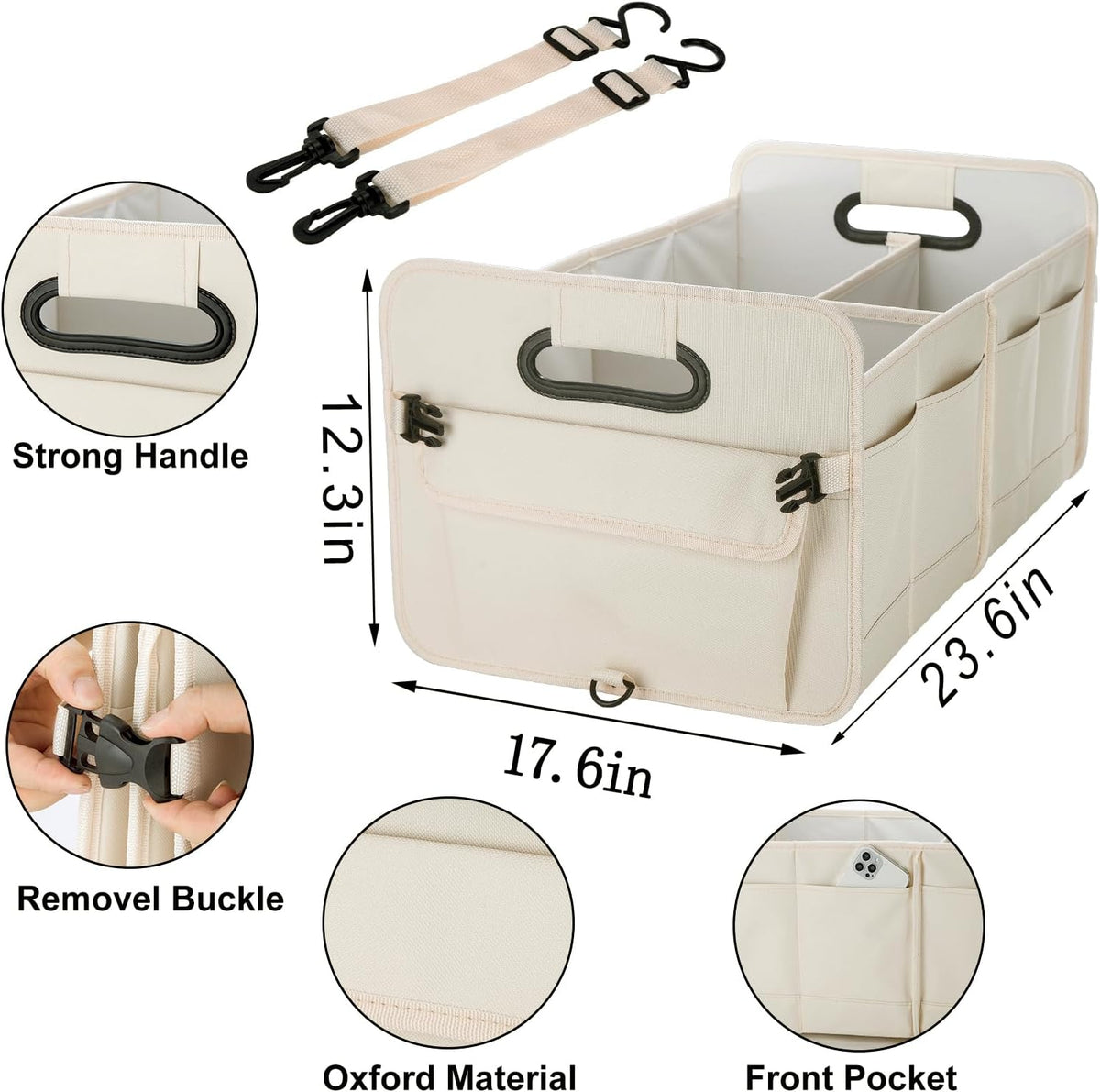 titiyiof Trunk Organizer For Suv & Sedan,Car Organizers and Storage, Waterproof Collapsible & Adjustable Straps,Sturdy Car Organization for Car Accessories, Tools,Food，Sundries,2-3 Compartment（Beige）