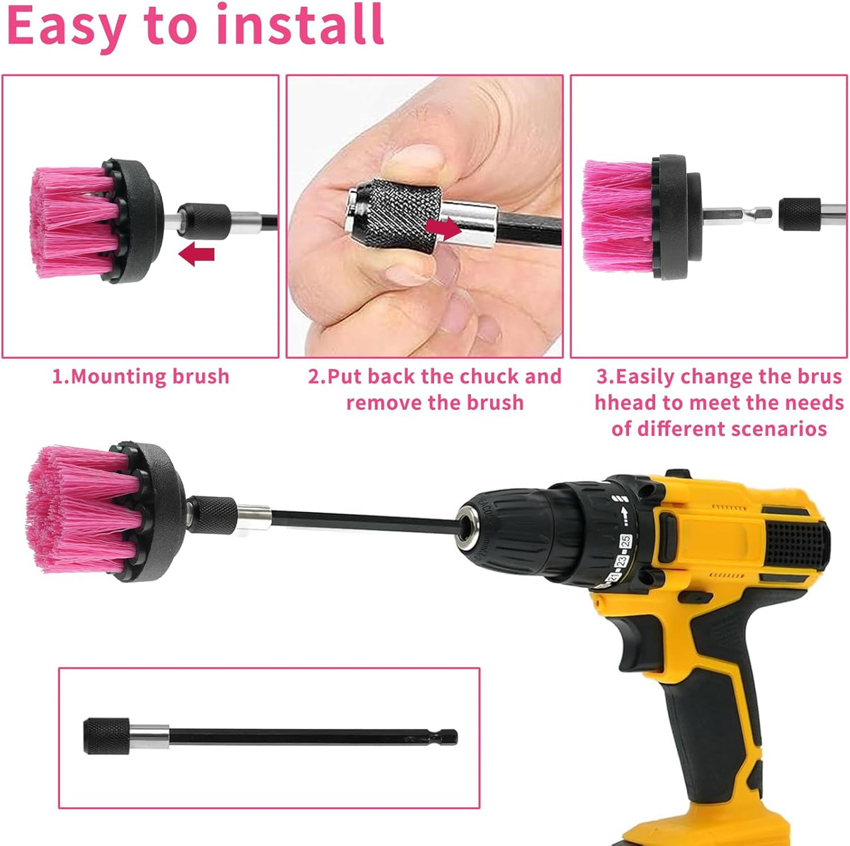 8 Pcs Drill Brush Attachment Set, Power Cleaning Scrub Brush Kit with Extend Long Attachment, All Purpose Drill Scrub Brushes for Car, Grout, Floor, Tub, Bathroom and Kitchen (Yellow)