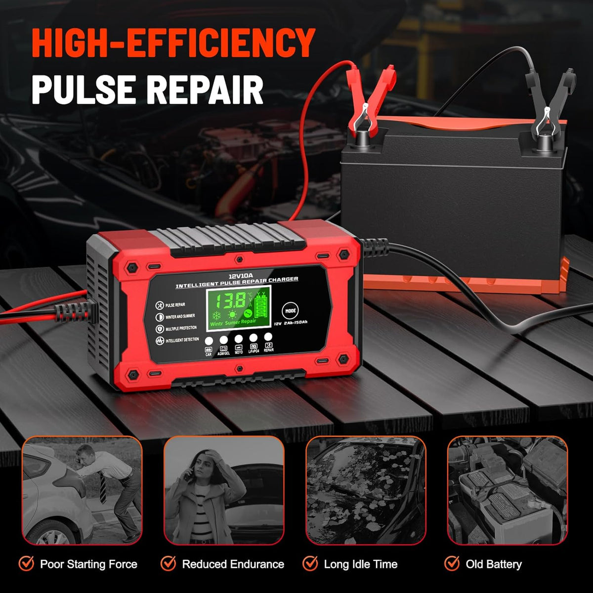 Battery Charger 15A 12V Fully Automatic Smart Trickle Car Battery Charger Maintainer with LCD Display & Temperature Compensation for Car Truck Motorcycle Lawn Mower Boat