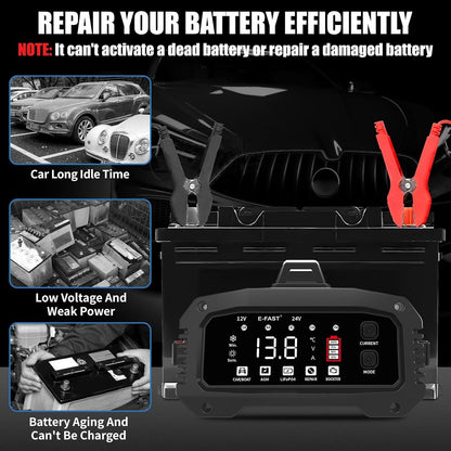 E-FAST 25A Smart Car Battery Charger, 12V/24V Automatic Automotive Battery Maintainer & Desulfator with 200s Booster Mode - Adjustable Amp Trickle Charger for Lead-Acid, AGM, Gel, LiFePO4
