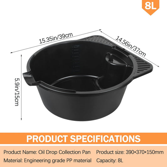 2 Gallon (8L) Portable Oil Drain Pan, Heavy-Duty Motor Oil Drip Catcher Pan for Automotive, Lawn Mower, ATV Oil Change （1 Pcs）