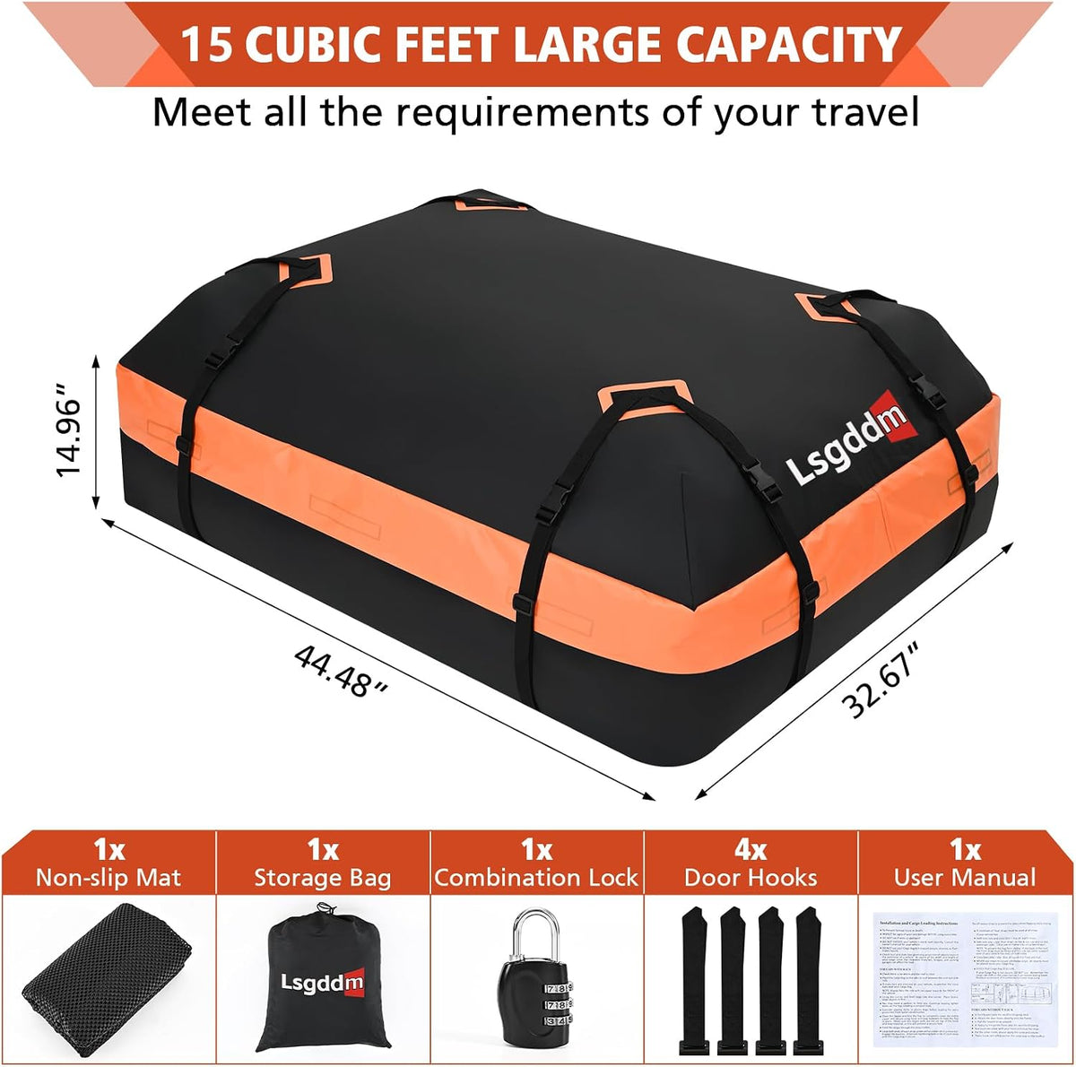 Roof Bag, Waterproof Soft Car Top Carrier Without Rack, 15 Cubic Feet Cargo Carrier for Top of All Vehicles with/Without Rack, Includes Anti-Slip Mat, 4 Door Hooks, Luggage Lock, Storage Bag
