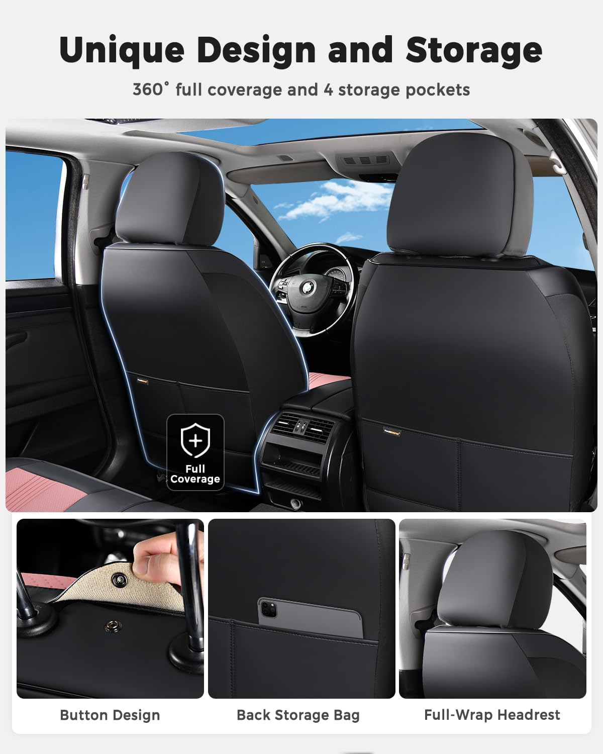 Huidasource Coffee Seat Covers Full Set, Universal Fit for Most Cars Trucks SUV, Full Coverage Leather Seat Cover, Airbag, Cupholder Compatible, Velcro Adjustable, Heaating/Cooling Function Retain