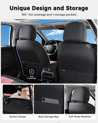 Huidasource Coffee Seat Covers Full Set, Universal Fit for Most Cars Trucks SUV, Full Coverage Leather Seat Cover, Airbag, Cupholder Compatible, Velcro Adjustable, Heaating/Cooling Function Retain