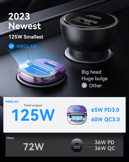 【Upgraded】 125W Car Charger USB C Super Fast Charging, [PD65W & QC60W][All Metal] MRGLAS Cigarette Lighter Car Charger, Car Electrical Accessories for iPhone 17 Pro Max iPad Samsung S26 S25 Pixel 10