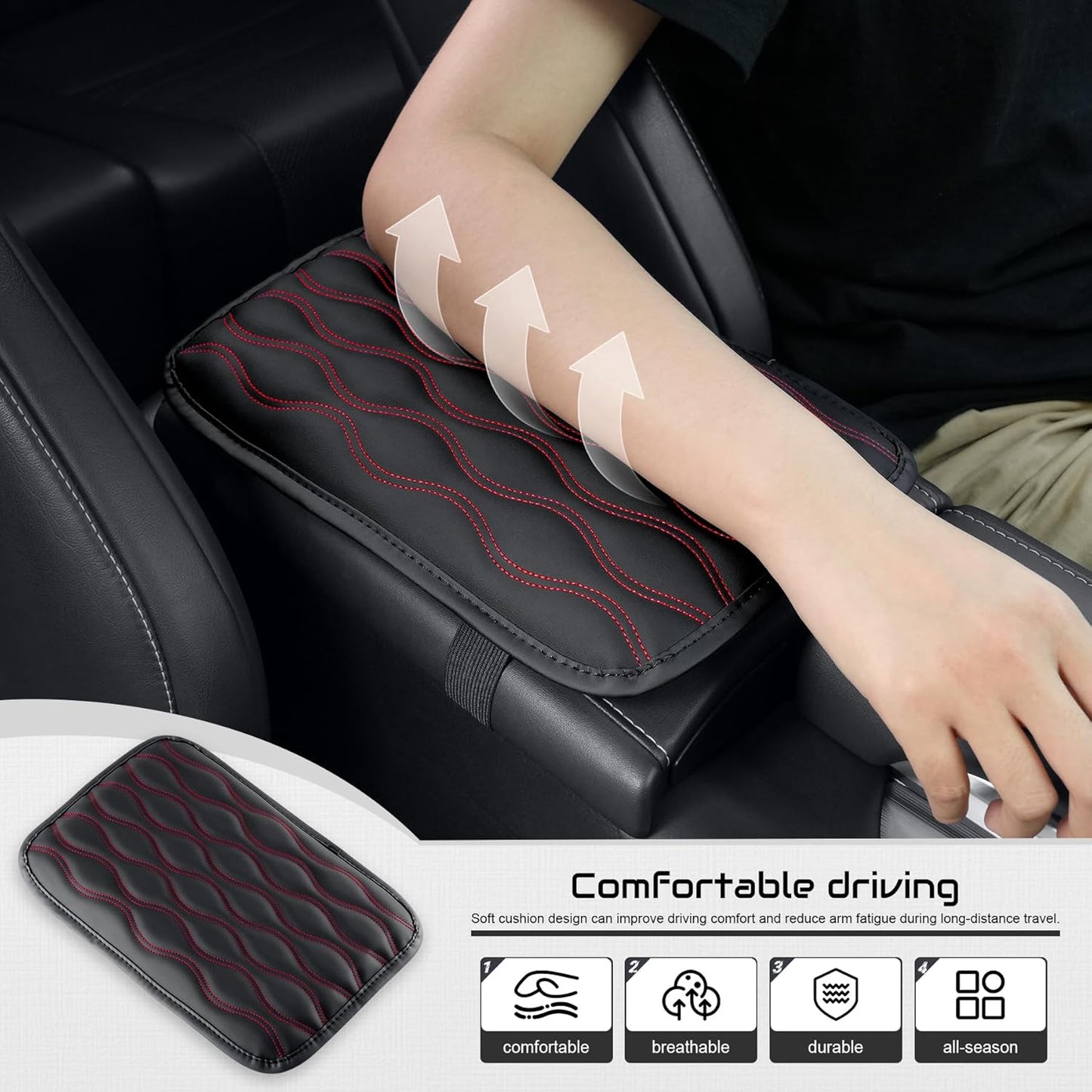 Amiss Car Center Console Cover, Upgraded Leather Car Armrest Cushion with 2 Storage Pockets, Universal Waterproof Cushion Pad, Non-Slip Car Interior Accessories, Fits Most Sedans SUVs Trucks (Black)