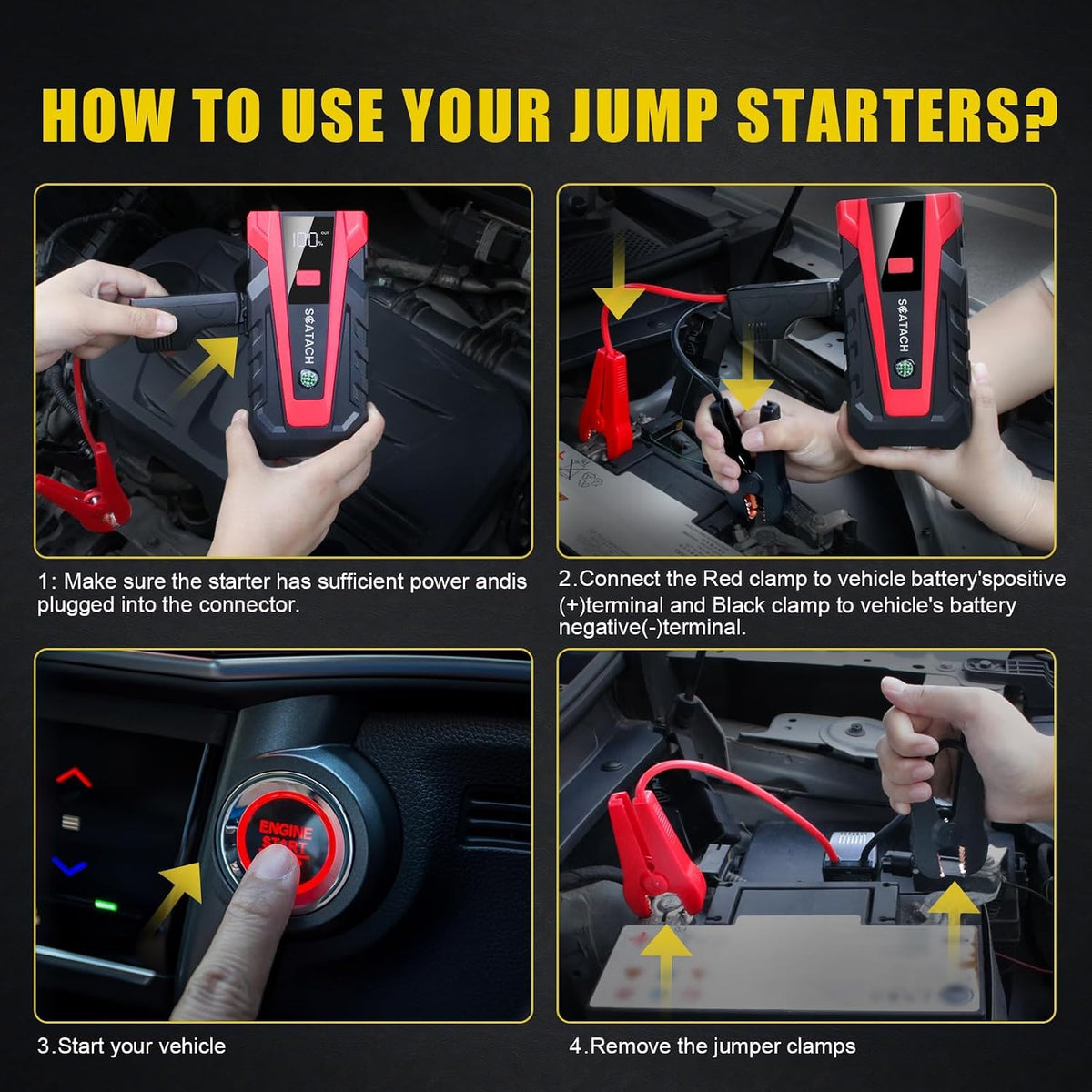 Scatach 3000A Car Battery Jump Starter,12V Jump Starter Battery Pack Portable (up to 9.0L Gasoline and 7.0L Diesel Engine), Jump Box with 3 Modes Flashlight and Jumper Cables