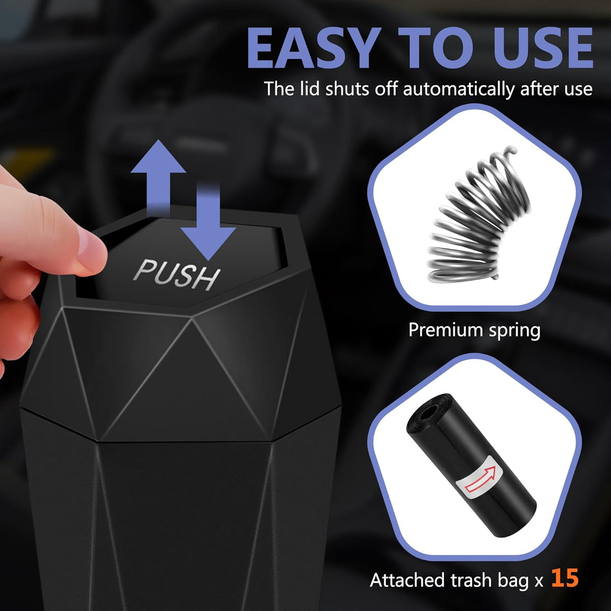 Car Trash Can with Lid - 2-Pack, Interior Accessories for Vehicles, Leakproof Garbage Can with 30 Detachable Trash Bags, Multipurpose Organizers and Storage Solutions for Home and Office