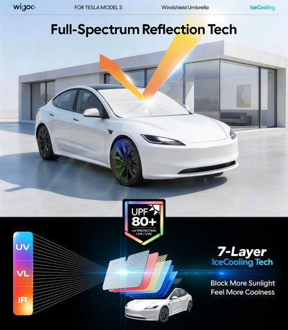 Wigoo Windshield Sun Shade Umbrella for Tesla Model Y [100% Sun Blockage, Ice Cooling Fabric] Foldable Heat Insulation Front Window Sunshade Umbrella for Tesla Model Y 2020–2026 (Juniper)
