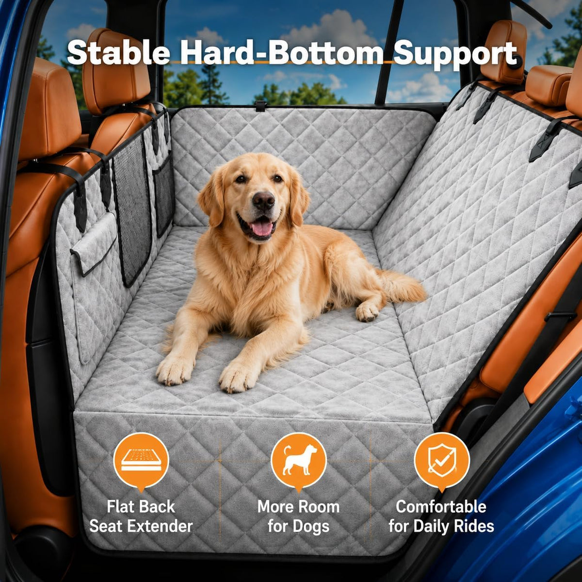 IJVAE Dog Seat Cover for Back Seat, Hard Bottom Back Seat Extender Holds 500 lbs, Waterproof & Nonslip Car Hammock for Large Pets, Comfortable Travel Seat Protector for SUV and Sedan