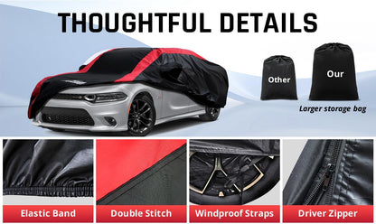 Car Cover Waterproof All Weather Protection with Red Stripe Design, Universal Fit Toyota Camry Solara, Ford Fusion, Kia Stinger Optima, Nissan Maxima, VW Passat, Subaru Legcy