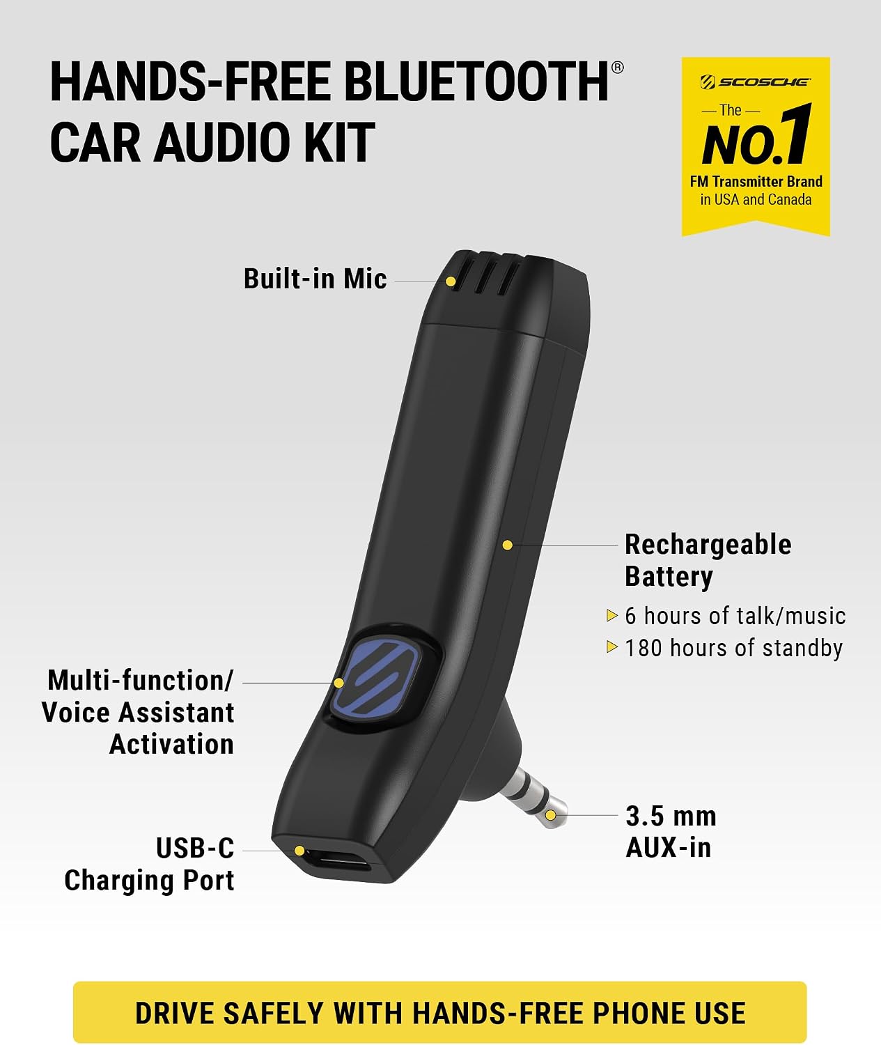 Scosche BTFM9 FM Bluetooth Transmitter Car, Dual 12W USB-C and USB-A Charging Ports, Fast Type C Car Charger, Wireless Radio Bluetooth Adapter, Hands-Free Kit for Calls, Siri and Google Assistant
