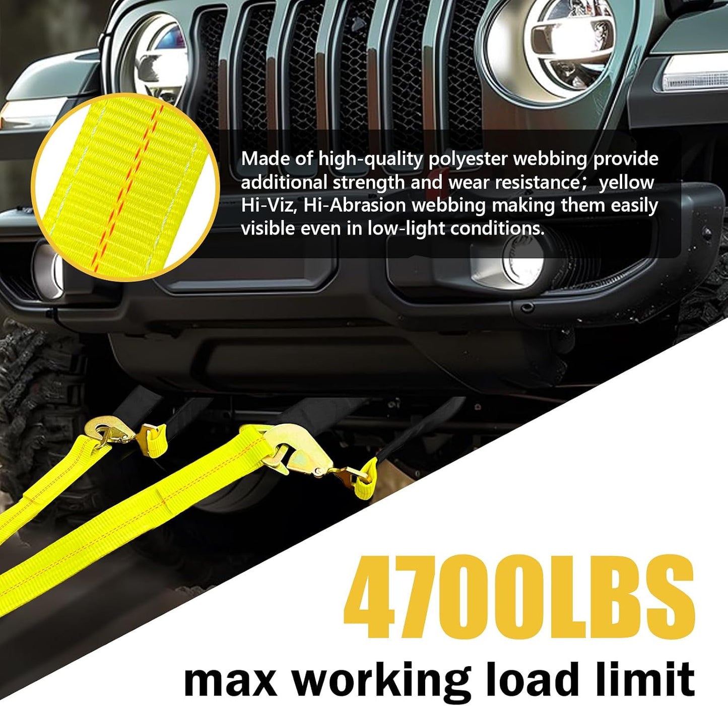 2" x 4' Axle Tie Down V-Bridle Recovery Tow Traile Strap 4700LBS | Polyester Webbing w/Cordura Sleeves and Axle Straps, Snap Hooks Design, Middle D-rings Design, Ideal for All Vehicle Models