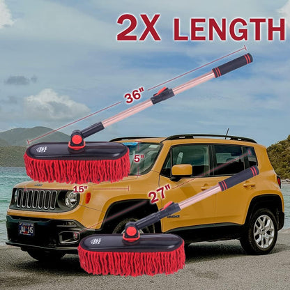 Car Duster Exterior with Extendable Handle, Scratch Free Auto Wash Brush Mop, Interior Detailing Kit for Truck RV Boat - Wax Cotton Duster & Interior Brush, Red