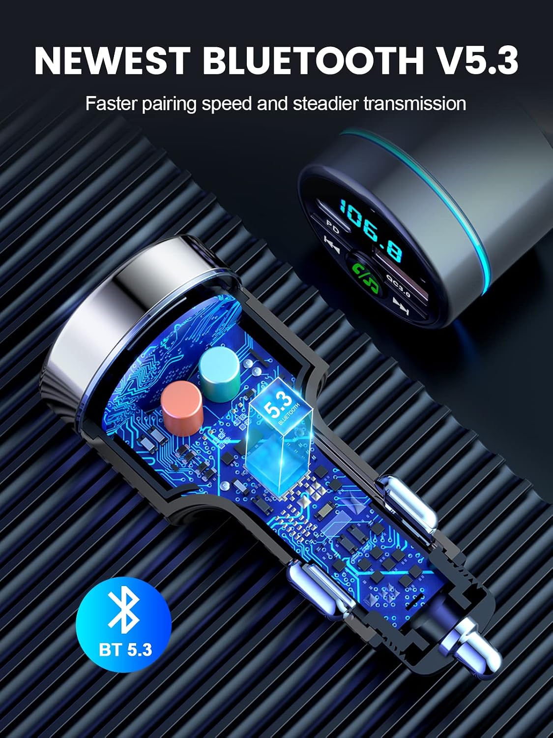 RIWUSI FM Transmitter for Car Bluetooth 5.3, [All-Metal] PD 30W & QC3.0 18W Fast Car Charger, Wireless FM Radio Kit Bluetooth Car Adapter, Noise Cancelling Hands-Free Call, Blue Light - Black