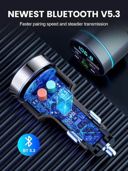 RIWUSI FM Transmitter for Car Bluetooth 5.3, [All-Metal] PD 30W & QC3.0 18W Fast Car Charger, Wireless FM Radio Kit Bluetooth Car Adapter, Noise Cancelling Hands-Free Call, Blue Light - Black