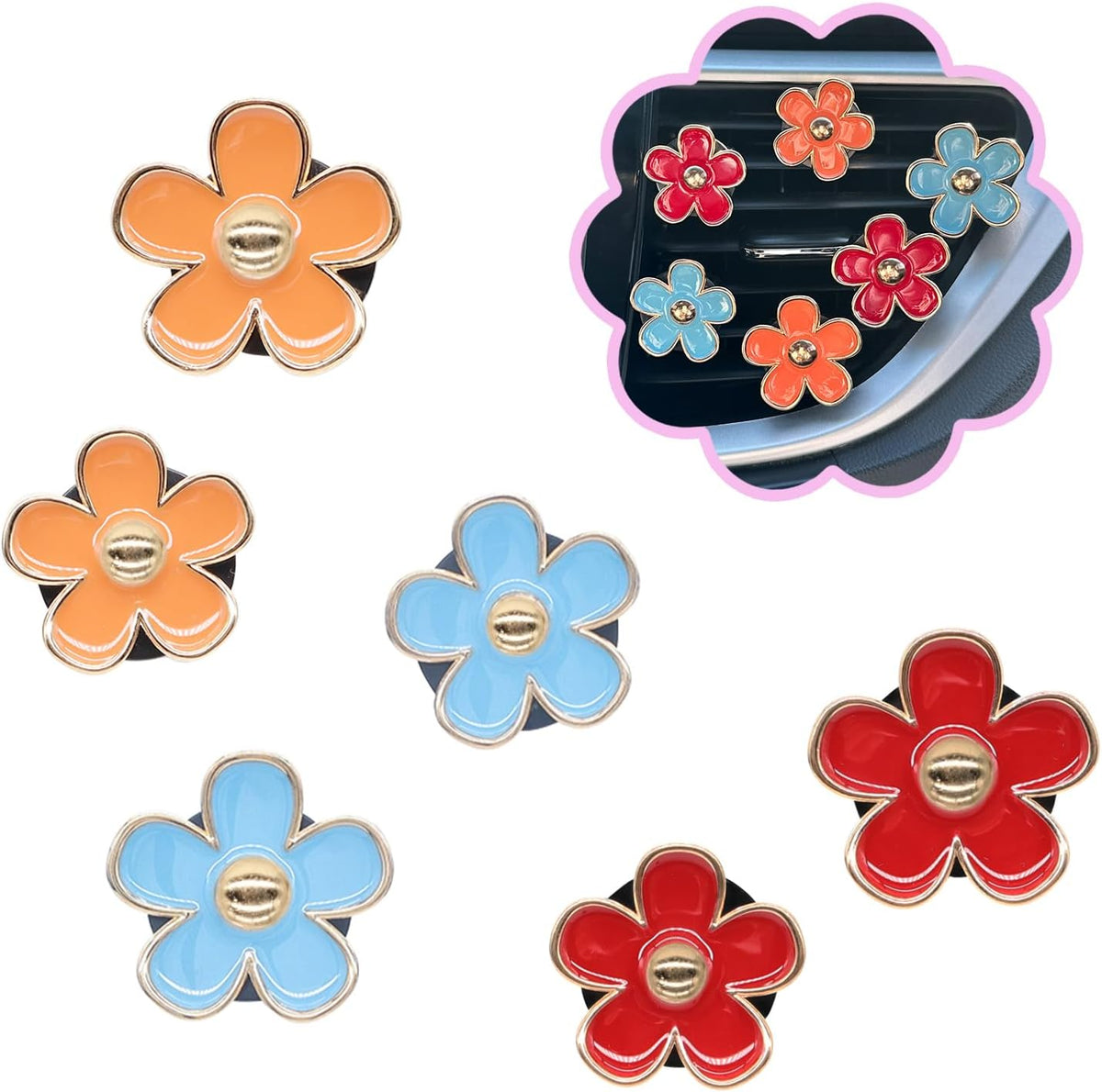 ORIESSE 6pcs Flowers Car Air Freshener Vent Clips Purple White Daisy Air Vent Clip Car Accessories for Women 3.3cm/3cm Flower Vehicle Interior Decor Refillable Diffuser