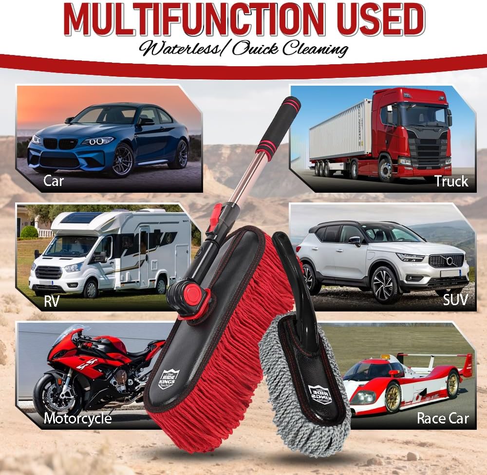 Car Duster Exterior Scratch Free with Extendable Handle, Microfiber Car Cleaning Brush for Dust Removal + Small Detailing Brush for Interior Care