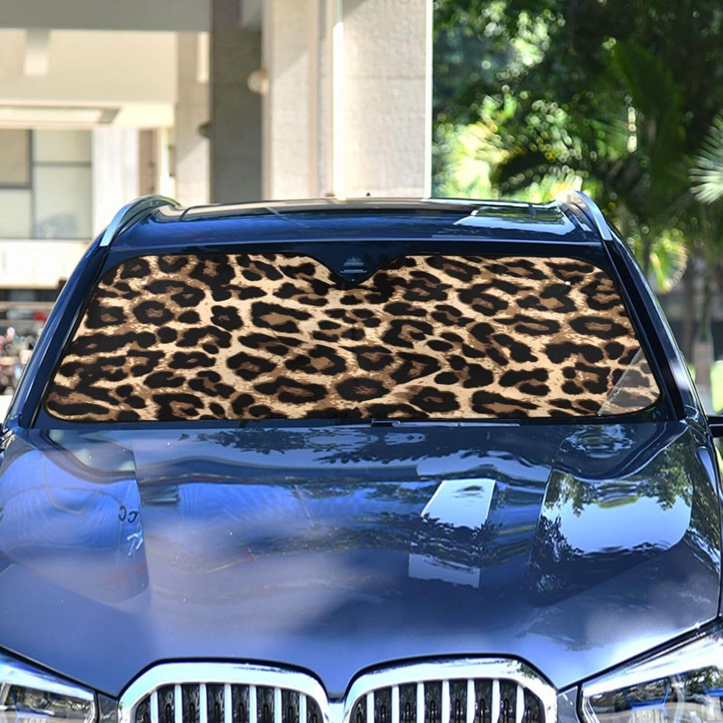 Black Leopard Car Windshield Sun Shade Animal Skin Print Foldable UV Ray Sun Visor Protector Sunshade to Keep Your Vehicle Cool (51" x 27.6")