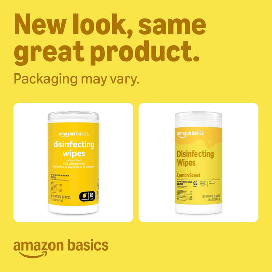 Amazon Basics Disinfecting Wipes, Lemon & Fresh Scent, Sanitizes, Cleans, Disinfects, Deodorizes, 340 Count (4 Packs of 85), Packaging May Vary