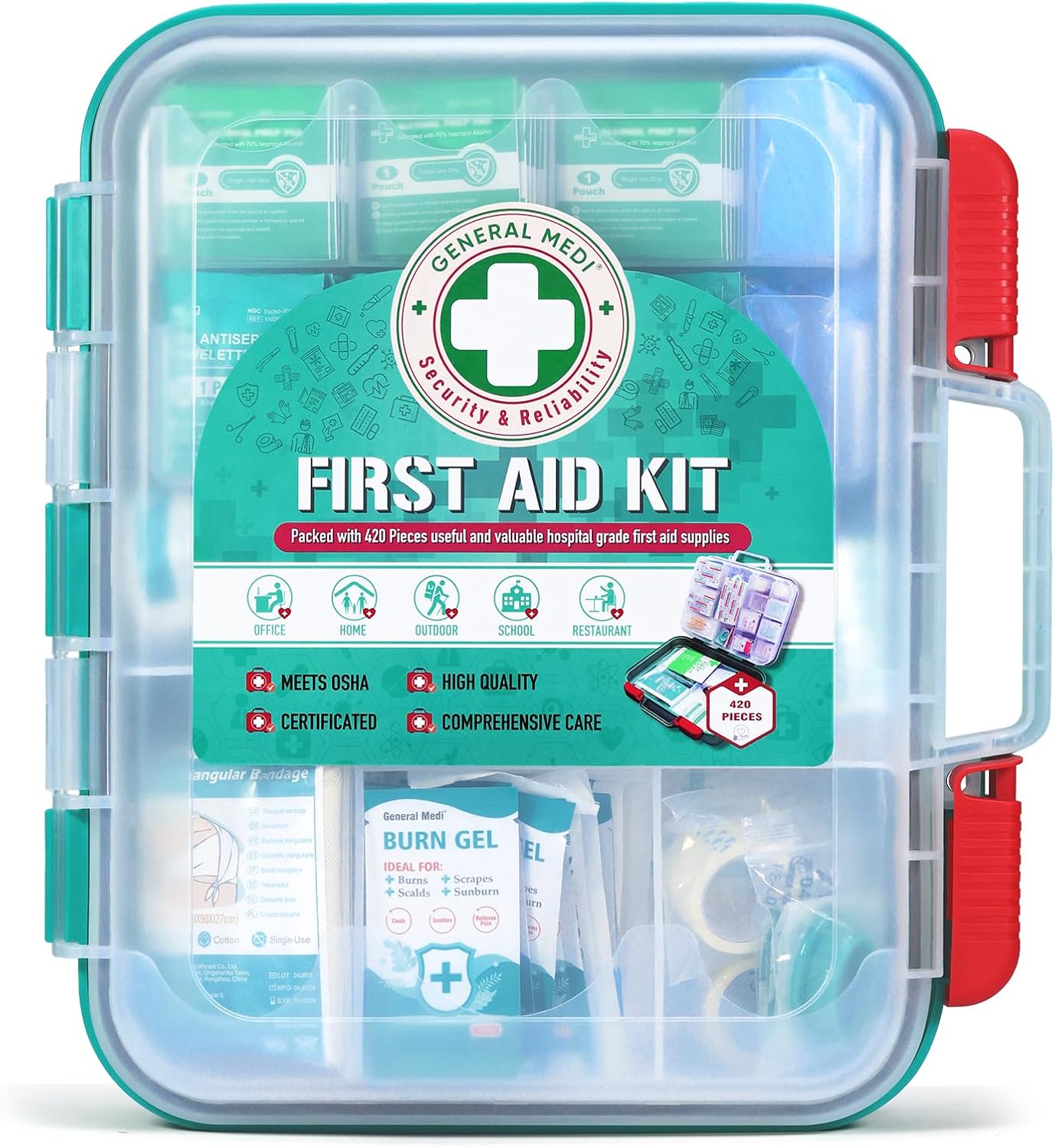 General Medi 110 Pieces Small First Aid Kit - HardCase First Aid Box - Contains Premium Medical Supplies for Travel, Home, Office, Vehicle, Camping, Workplace & Outdoor