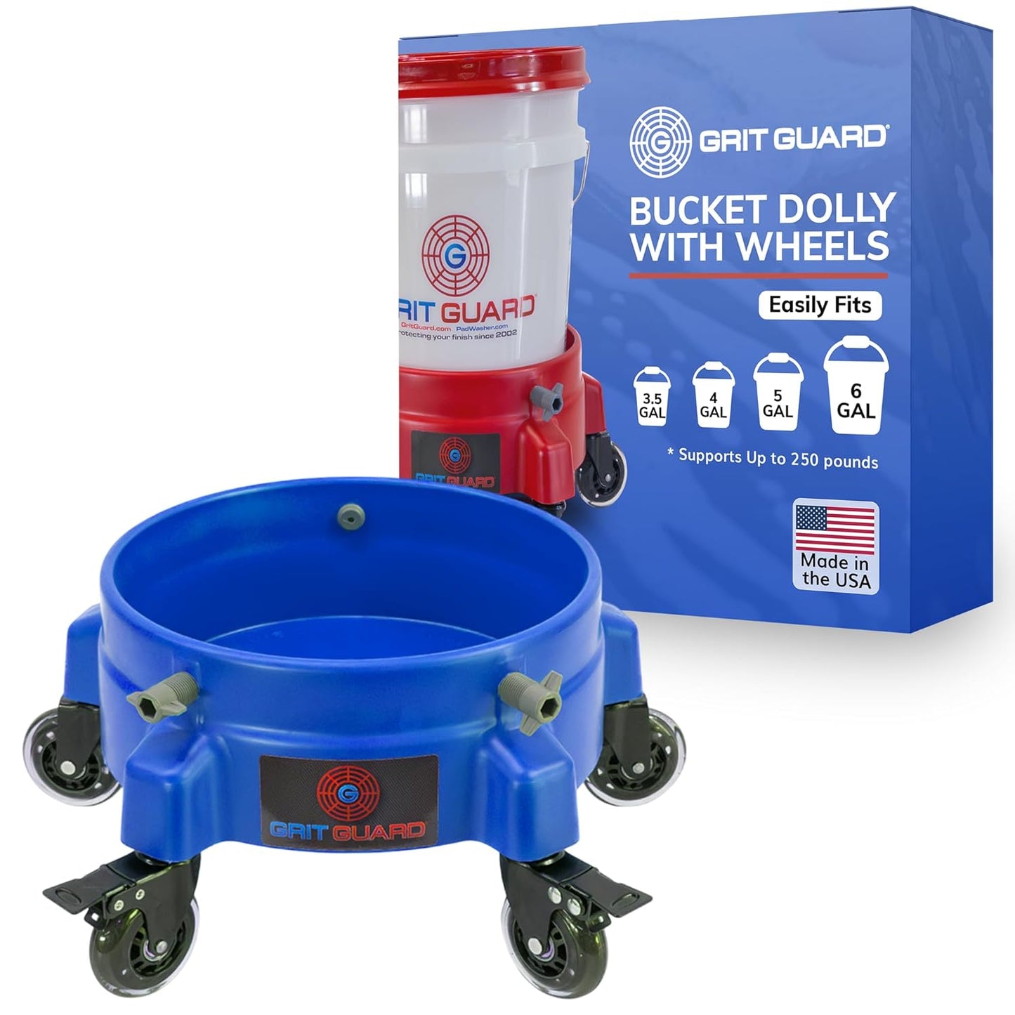GRIT GUARD Bucket Dolly with Wheels - Rolling Detailing Wash Bucket with 5 Wheels and 2 Locking Casters Compatible with 2.5, 4, 5 and 6 Gallon Buckets (Red, 2" Roller Bearing) - Made in the USA