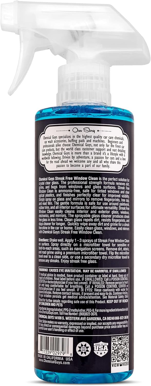 Chemical Guys Streak Free Glass and Window Cleaner - Works on Glass, Windows, Mirrors, and Screens, Ammonia-Free and Safe on Tinted Windows, for Cars, Trucks, SUVs, and Home Use - 16 oz
