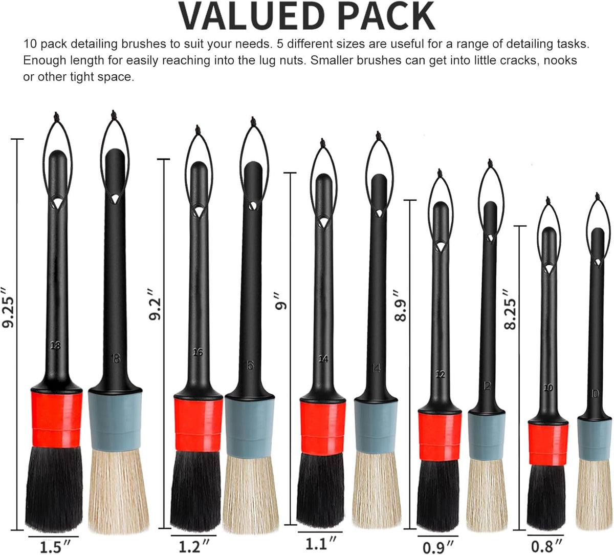 Detailing Brush Set - 10 Pcs Detail Brushes Car Detailing, Auto Boar Hair Car Detailing Kit for Cleaning Interior Exterior - Vehicles Wheels Leather Engine Dashboard