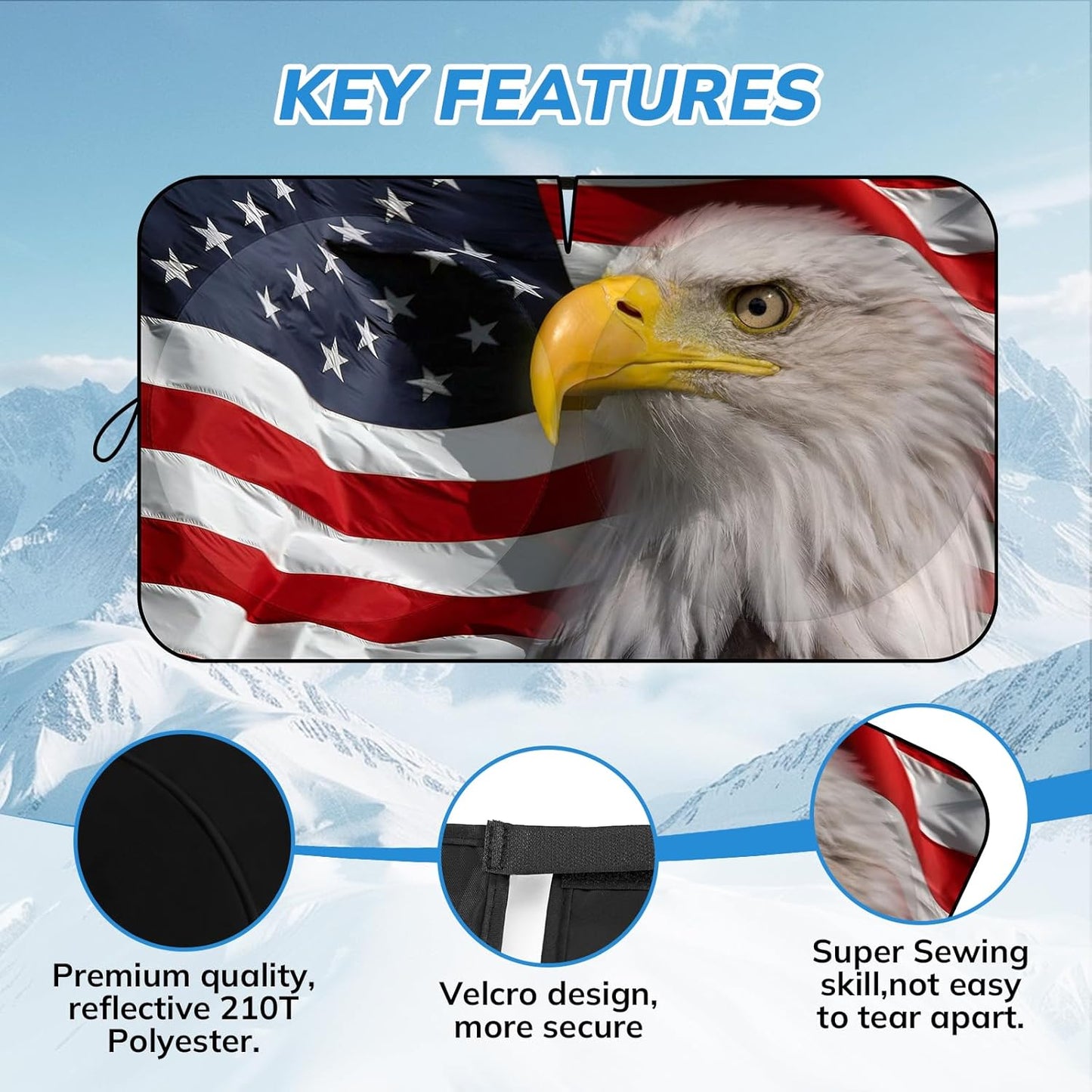 SEPORUD Windshield Sun Shade New American Eagle Flag USA Patriotic Design - Folding Car Front Window Sunshade for Cars SUV Trucks, Max UV Blocking and Keep The Vehicle Cool(64"x33.5")