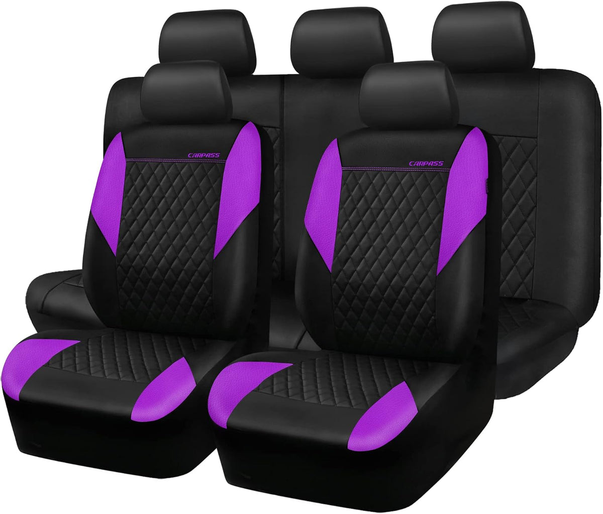 CAR PASS Quilting Leather Seat Cover Two Front Seats Only, Universal Fit Automotive Front Seat Covers Waterproof Deluxe PU Premium Vinyl Luxury for Cars Sedan Van SUV Airbag Compatible 2 Pieces,Black