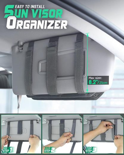 LIVANS Tactical Car Sun Visor Organizer, Auto Accessories Semi-Rigid Molle Panel with Zipper Storage Pouch & Glasses Holder, Gift for Car Gear, Fit Cars, Trucks, Suvs, Jeeps & Patrols (Gray)
