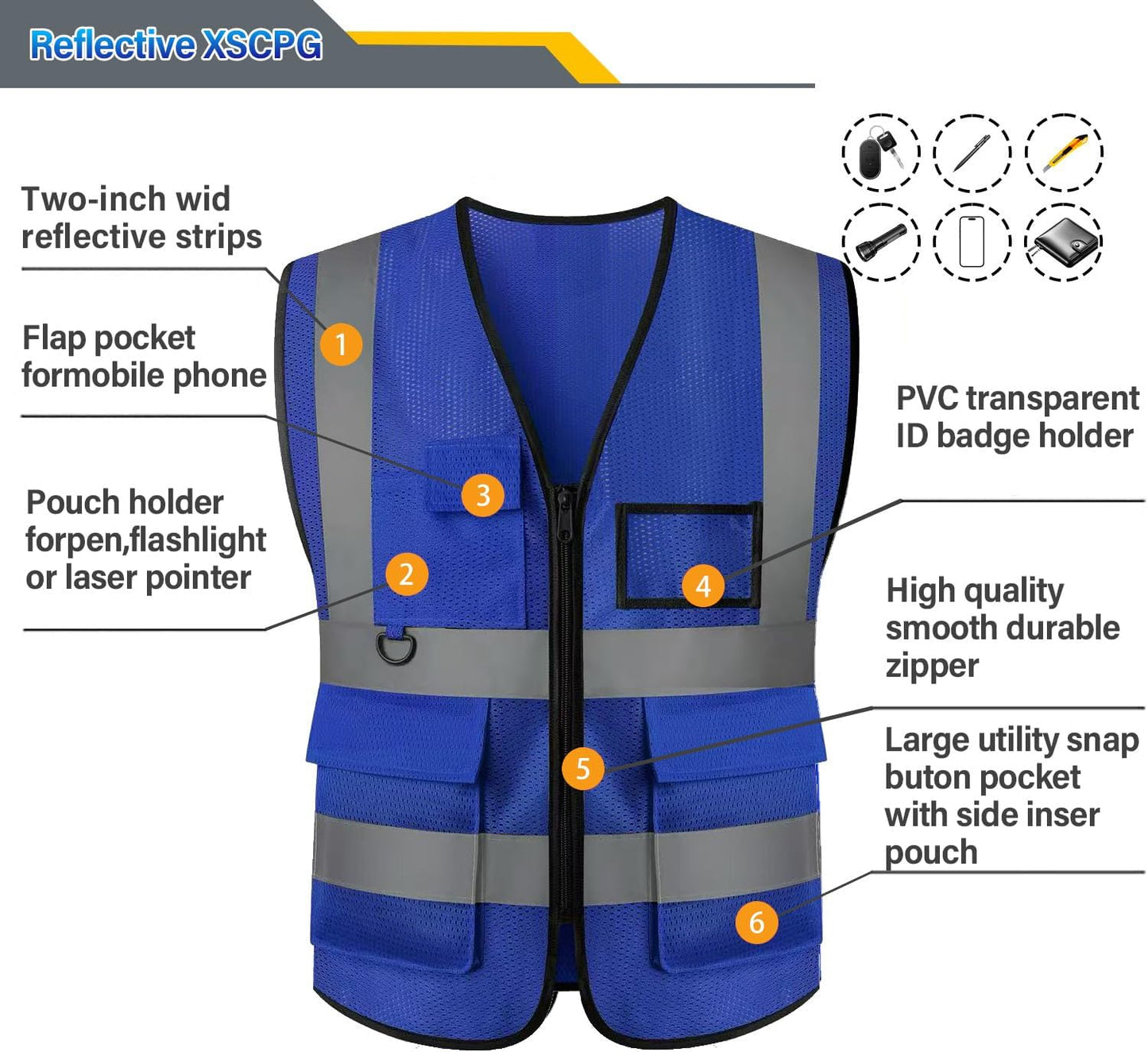 Reflective Mesh Safety Vest, Breathable Hi Vis Vest Construction Work with 5 Pockets and Zipper for Men Women