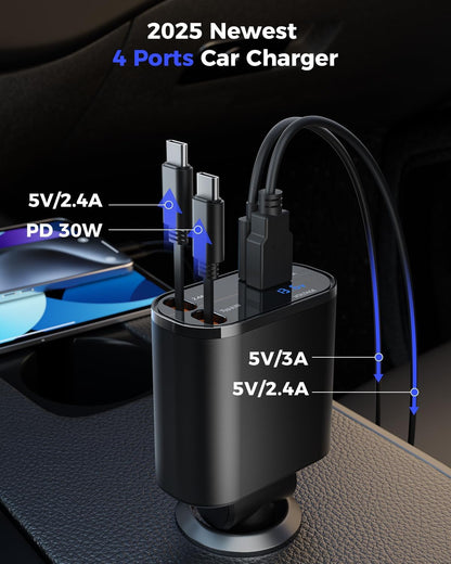 SUPERONE Retractable Car Charger for iPhone with Dual Type C Cables, 4 in 1 USB C Car Charger Adapter with 69W Fast Charging Compatible with iPhone 17 16 15 14 13 12 11 Pro/XS/XR/SE/iPad/Airpods