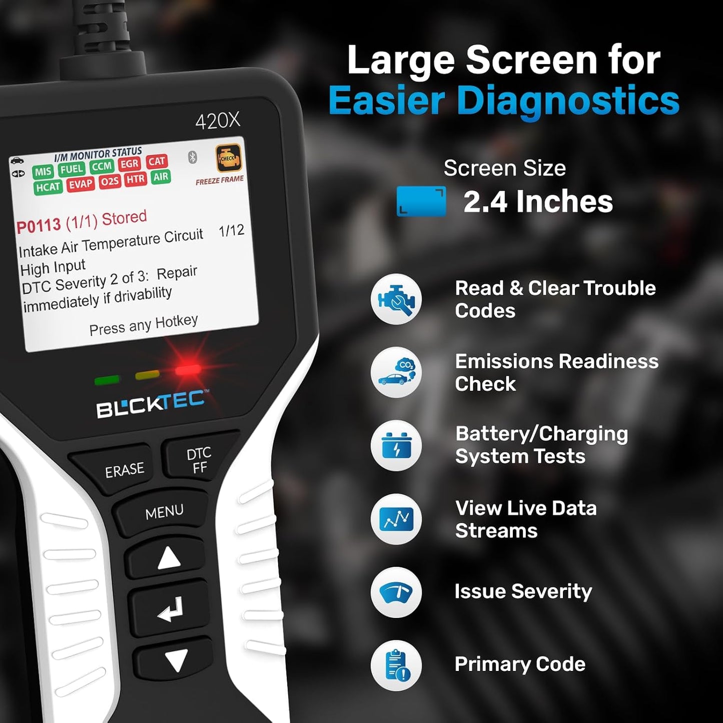 BLCKTEC 420 Bluetooth OBD2 Scanner Diagnostic Tool - Vehicle Code Reader for Car - Clears Check Engine Light - Comes with Premium OBD App On IOS & Android - Works For All Cars 1996 & Newer