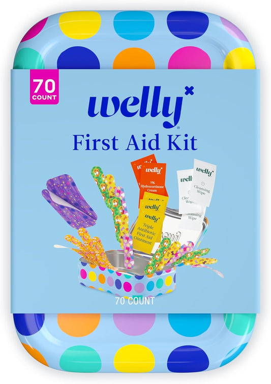 Welly First Aid Kit - Bravery Badges in Flexible Fabric and Waterproof, Singe Use Ointments Triple Antibiotic, Cleansing Wipes and Hydrocortisone - 70 Count