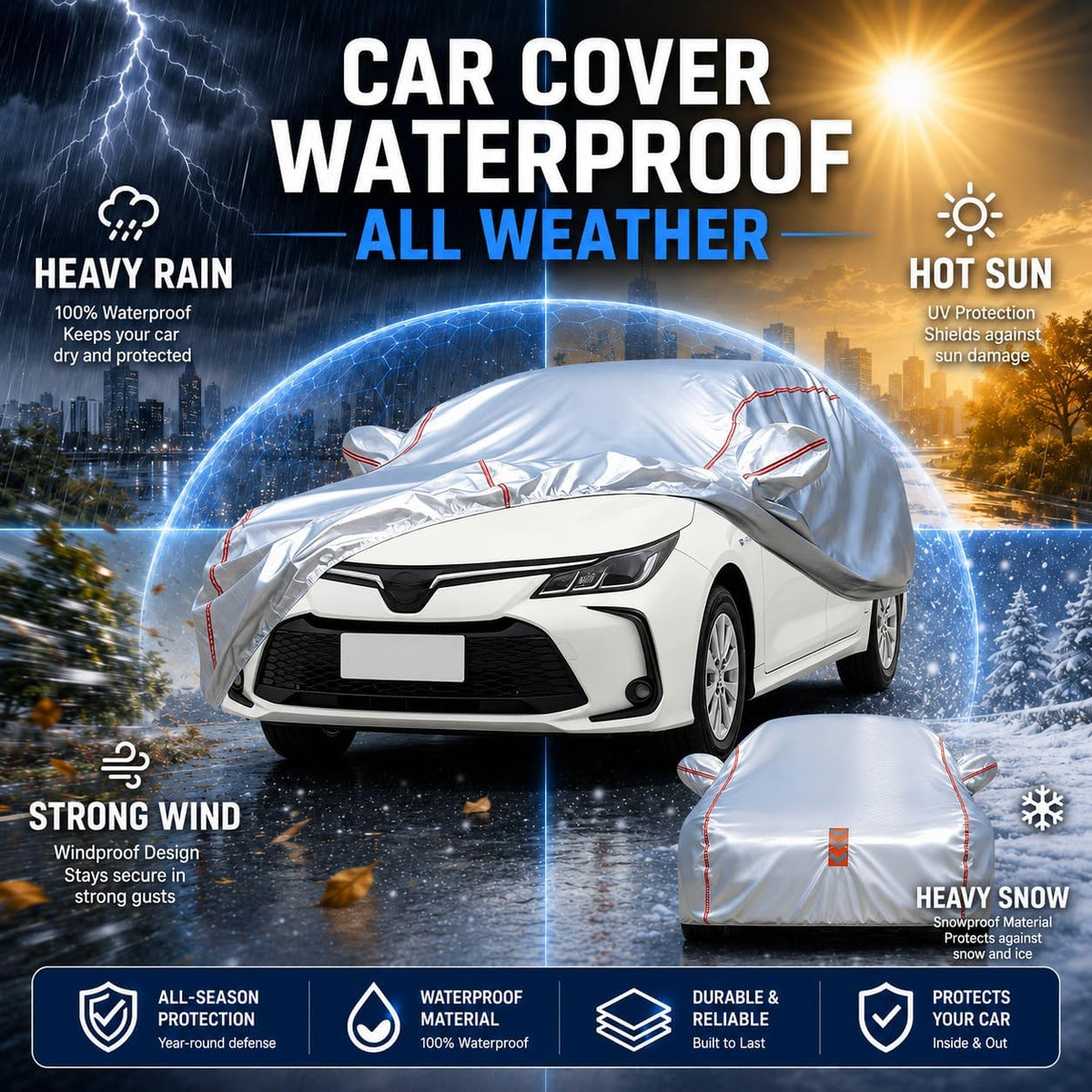 Car Cover for Sedan, Waterproof All Weather Heavy Duty, 360° Underbody Wrap Windproof Design, Quick Install Outdoor Vehicle Cover, Fits 186-193 in