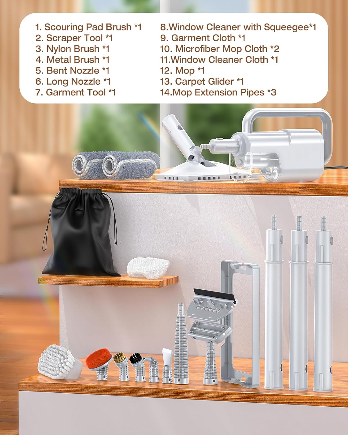 10-in-1 Steam Mop with Detachable Handheld Steamer,350ml Tank, 10s Heat-Up, 248°F Steam Cleaner, 2-Level Control and Swivel Head for Floor,Carpet,Tiles, BBQ grill,Car Accessories Clean White