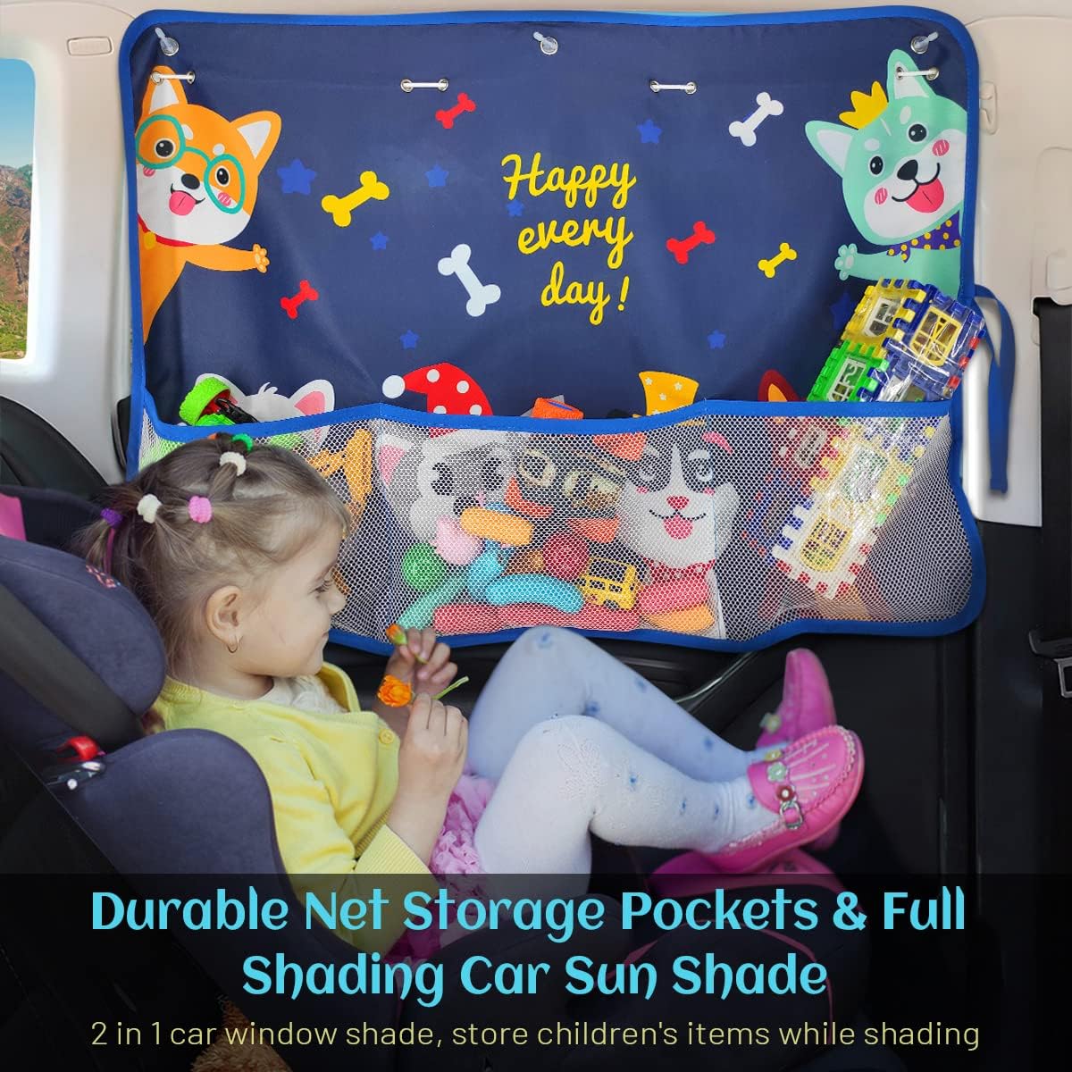 Car Sun Shade Side Window, 2 Pcs Blackout Car Window Shade for Baby Privacy with Storage Net Pockets Auto Curtains 7 Suction Cups for Heat/UV Protection Sun Block Covers