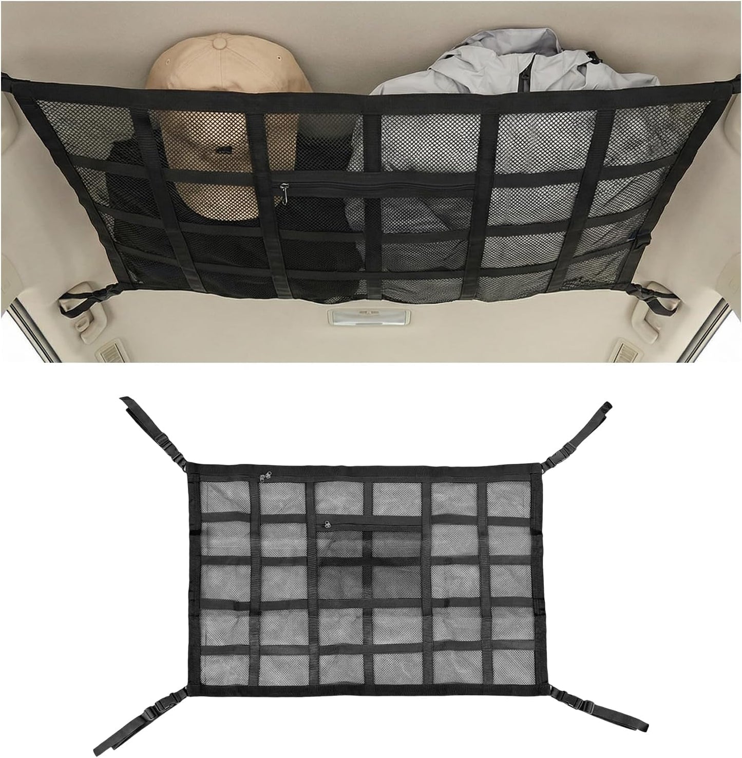 Car Ceiling Cargo Net Pocket, 31.5×20.5 Inch Double-Layer Car Roof Mesh Storage Organizer, Strengthen Load Bearing Overhead Cargo Storage Net for 4-Handle Vehicles