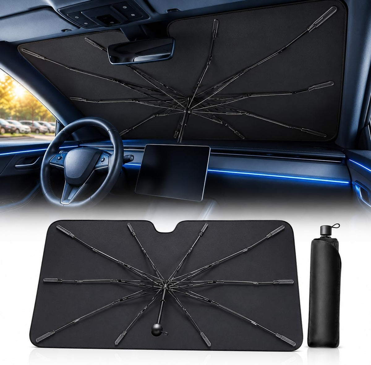 2026 Upgraded DooGooCoo Windshield Sun Shade Umbrella for Car, Reinforced Frame, UV Block Heat Shield, Keeps Interior Cooler, Foldable Front Windshield Cover, Medium 57" x 32"