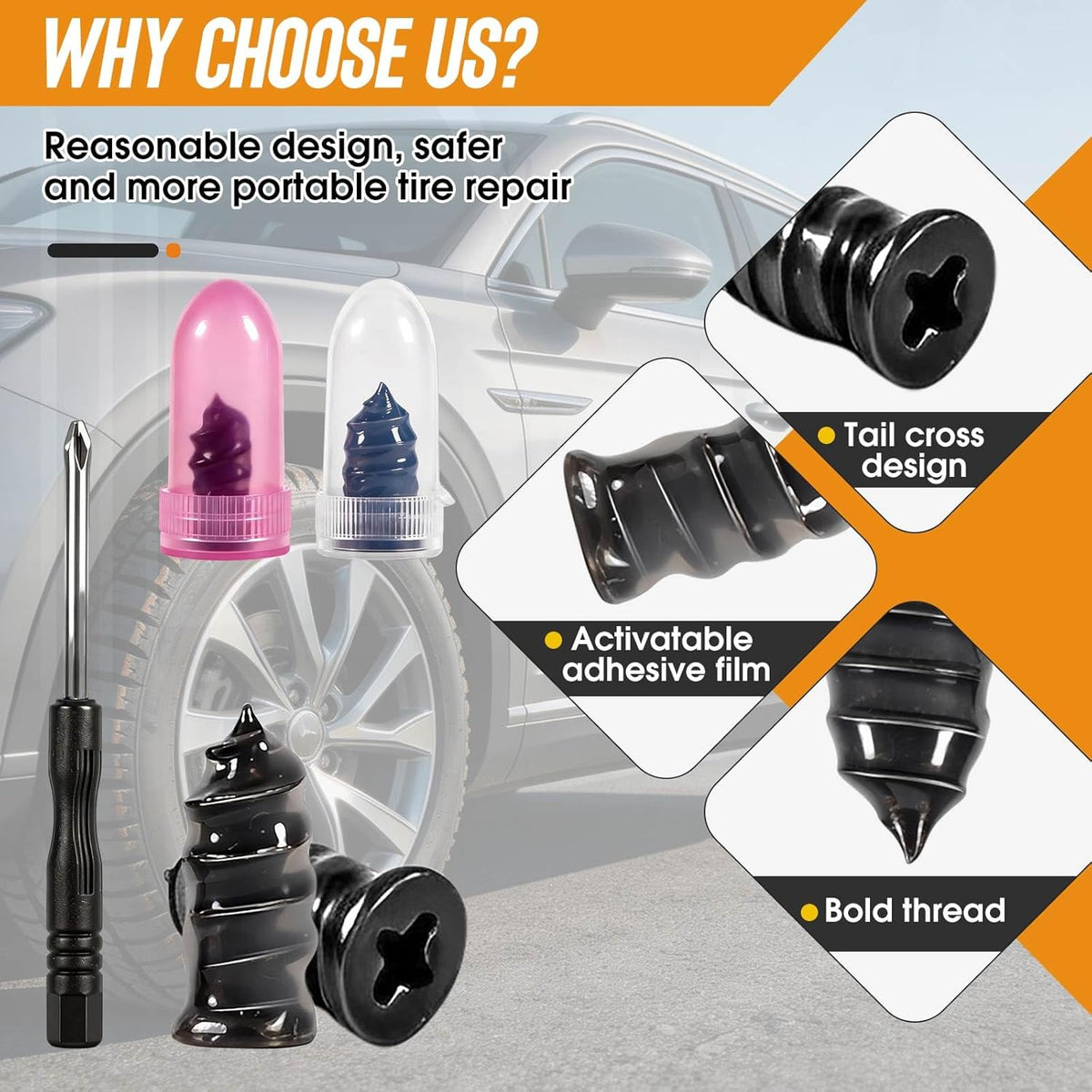 61 PCS Tire Repair Rubber Nail, Vacuum Tire Repair Kits Spiral Rubber Nails, Tire Screw Plug Fast Tool Self Service Tire Repair Nail for car, Motorcycle, Truck, Tractor Tire Puncture Repair