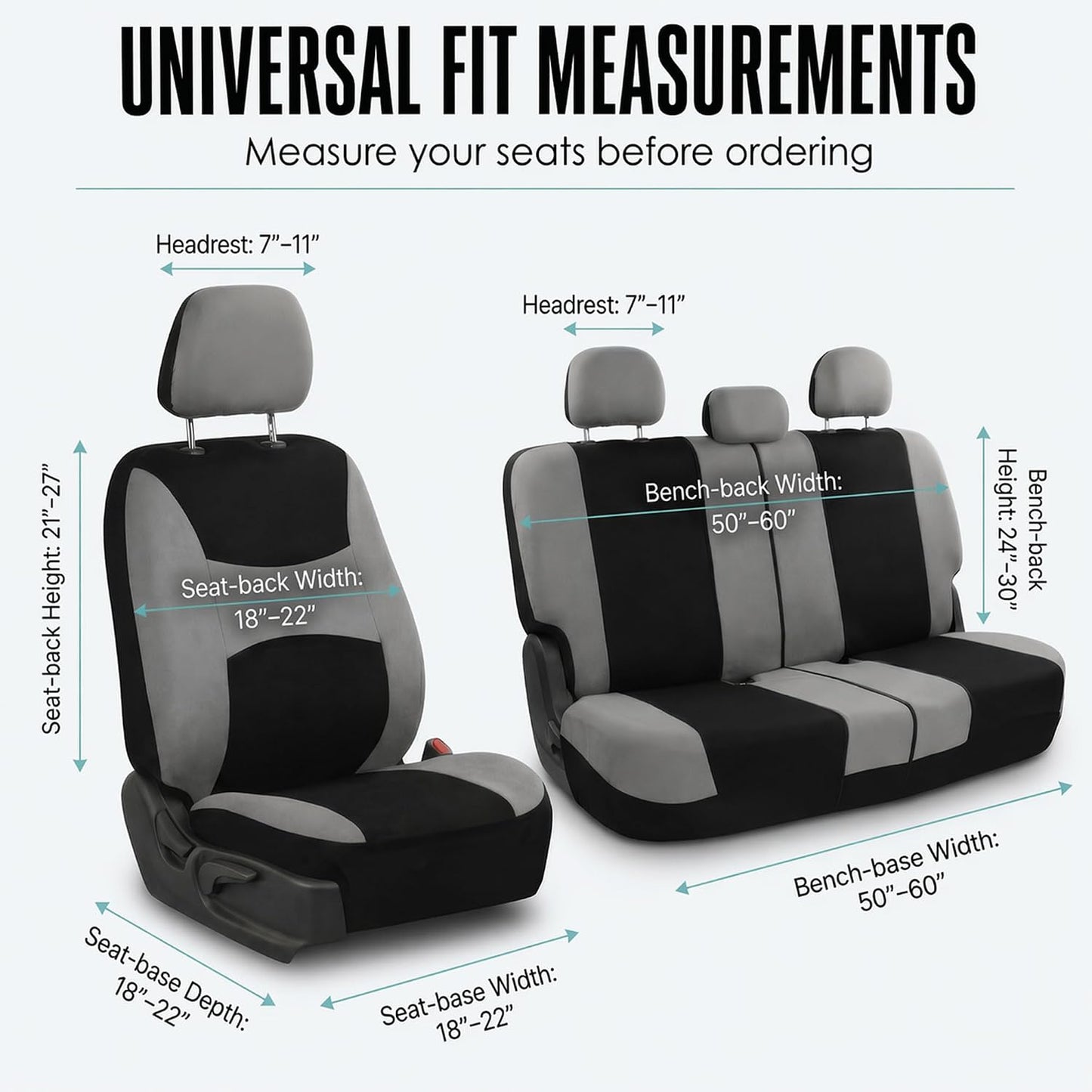 FH Group Full Set Cloth Car Seat Covers, Universal Fit Front and Split Bench Rear, Airbag Compatible, Washable for SUV, Sedan, Van - Black